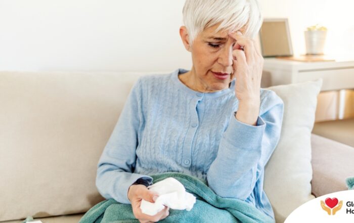 An older sick woman represents what family caregivers want to avoid, especially during flu season.